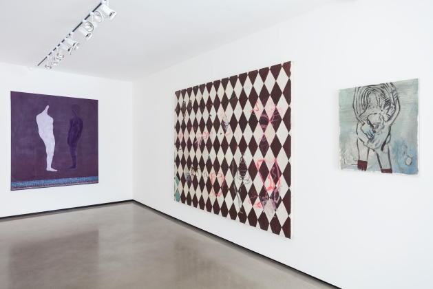 Installation shot: far wall - Robert Fry, Related Study E, 2011,oil,acrylic and mixed media on canvas, left: Benjamin Brett, Floorswamp, 2013, oil on linen, and Dancer, 2013, oil on linen. Image by courtesy of Beers. Lambert