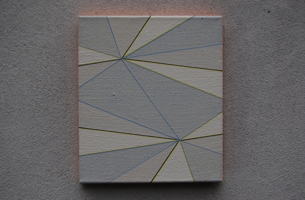 Katrina Blannin, Bisected Double Hexad Rotation - Lemon/Delft Blue, 2014, acrylic on hessian, 30 x 25cm
