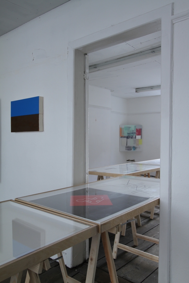Installation shot, Left: Maria Lalic, Sevres Blue Landscape Painting, Front: Rational Concepts  portfolio of prints, Back Andrew Bick OGVDS - GW #2. Image by courtesy of Andrew Bick.