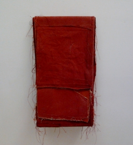 Simon Callery, Red Painting (soft), 2014, distemper canvas linen threads screws and aluminium, 22 x 38 x 6cm. My snapshot