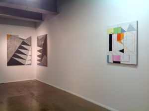 Left, Francesca Simon, In Construction, 2014, acrylic on linen on wood, diptych, each panel 122 x 93 cm. Image courtesy of the artist and Beardsmore Gallery, London. Right, Andrew Bick, OGVDS-GW #5, 2014, acrylic, marker pen, pencil, watercolour, oil paint and wax on linen on wood, 76 x 64 cm. Image by courtesy of the artist and Hales Gallery, London