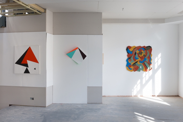 Installation shot, from left to right, works by Peter Lowe, Rana Begum and Nathan Cohen